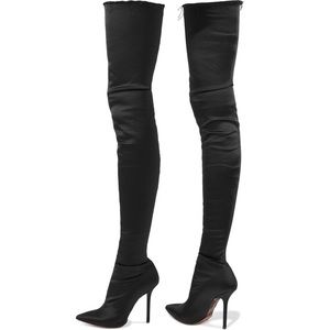 Vetements Frayed Black Satin Thigh High Boots